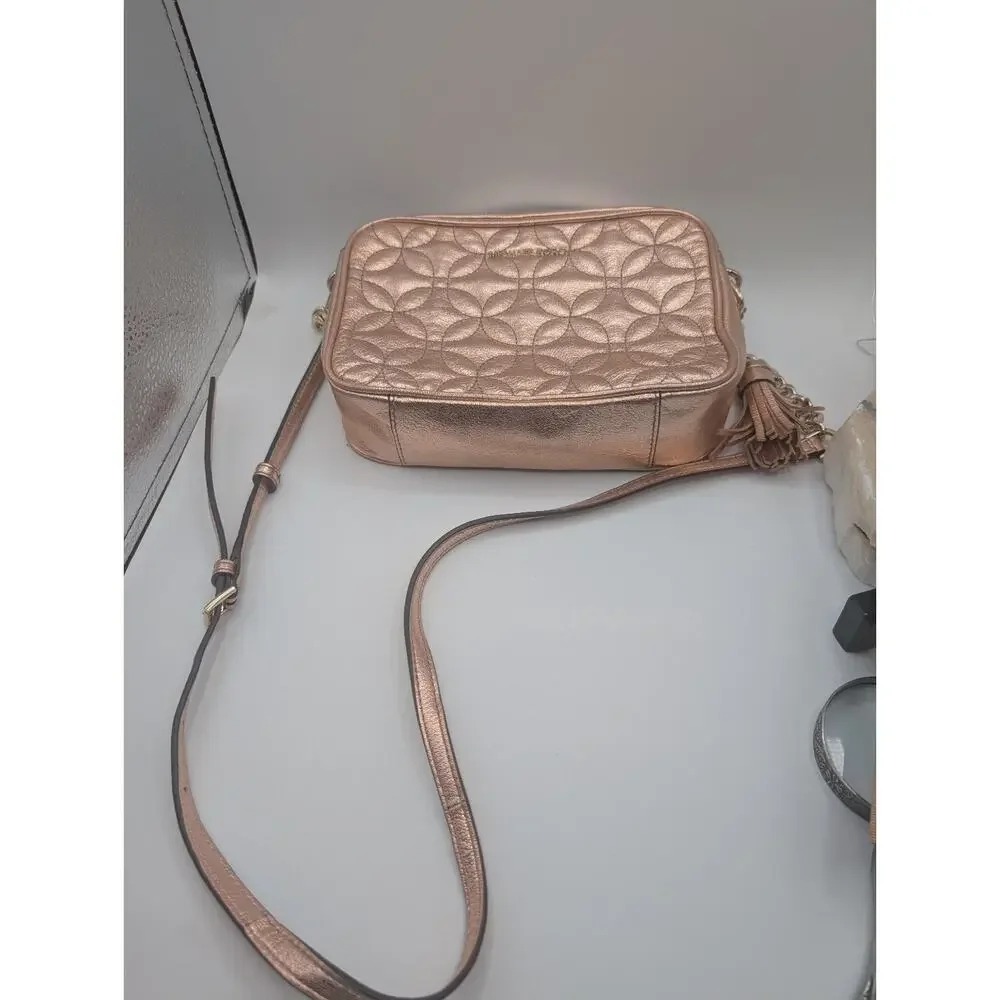 Michael Kors Rose Gold Quilted Metallic Leather Crossbody Bag Purse Small